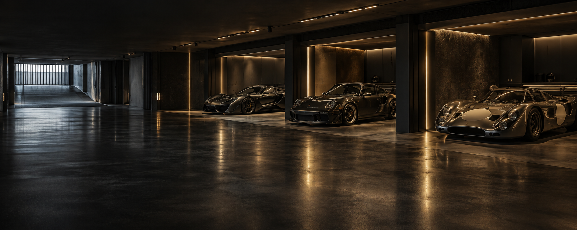 Private, individually lit bays in a dark architectural car vault